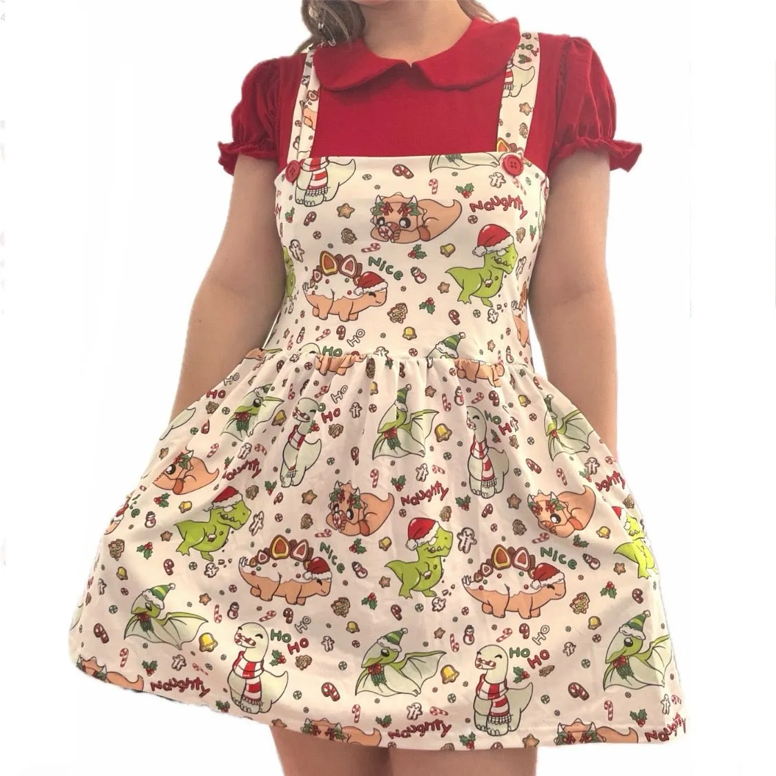 Christmas Dino Suspender Skirt Dress