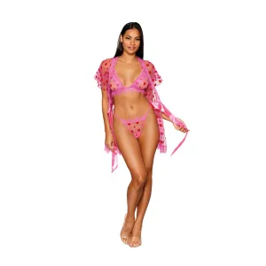 Dreamgirl Flocked Heart Mesh and Eyelash Lace Robe. Bralette. and G-string Set Peony L