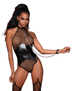 Fetish Fishnet & Large Chain Garter Teddy w/Attached Faux Corset & Leash Black O/S