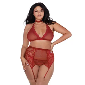 Fishnet & Lace Bralette. Garterbelt. G-String & Choker Garnet QN