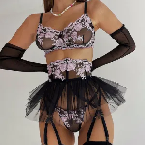 Love Me Mesh Embroidery Breastless Fluffy Skirt Three Sets