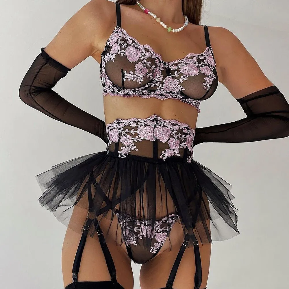 Love Me Mesh Embroidery Breastless Fluffy Skirt Three Sets
