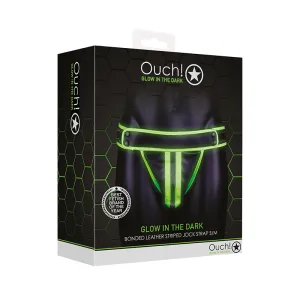 Ouch! Glow in the Dark Bonded Leather Striped Jockstrap Neon Green S/M