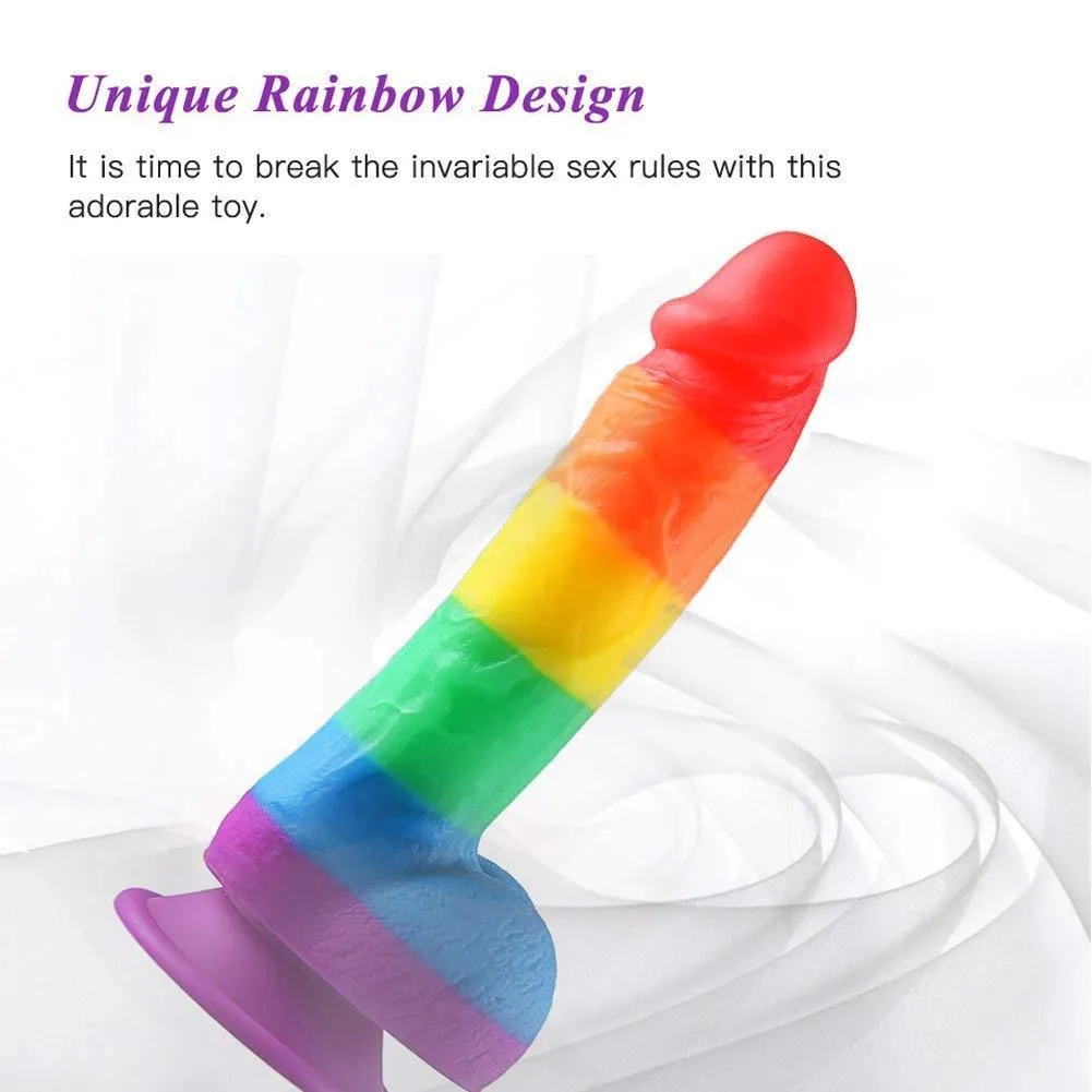 Rainbow Realistic Dildo Suction Cup G-spot Simulator Handheld Massager